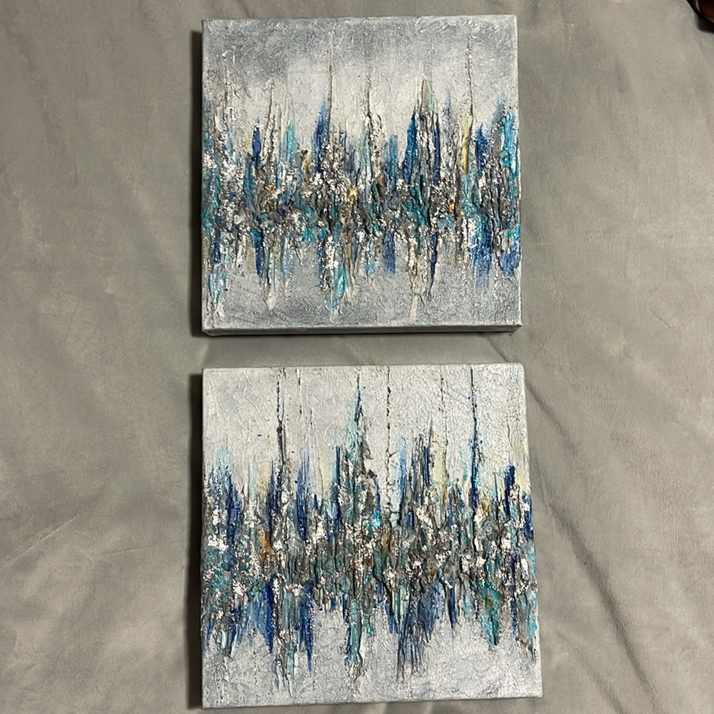 Set of 2 Abstract Handmade Canvas blue reused design small 10X10